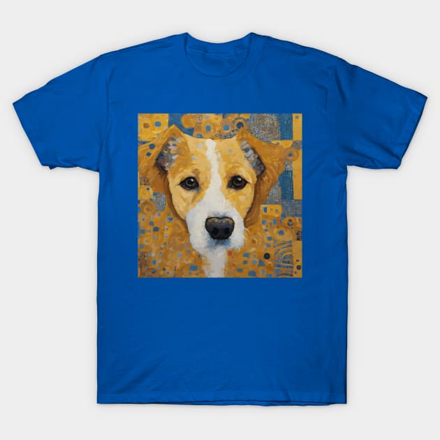 Gustav Klimt Style Dog with Blue and Gold Geometric Patterns T-Shirt by bragova